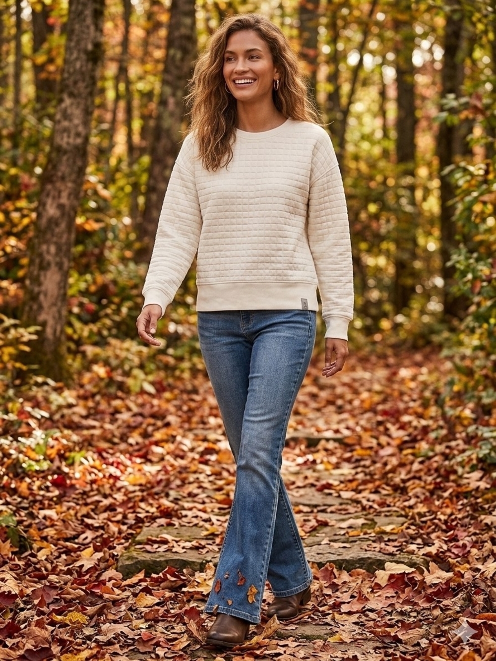Women’s Cream Quilted Pullover Sweatshirt And Jeans Set
